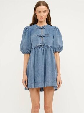 Puff-Sleeve Denim Mini Dress - Blue